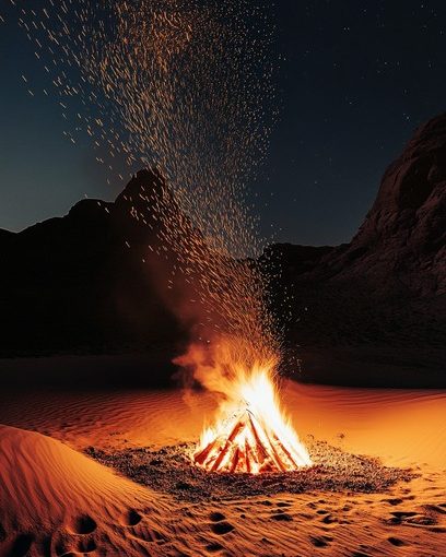 A bonfire throwing sparks into the night sky beneath the sandstone cliffs of AlUla
